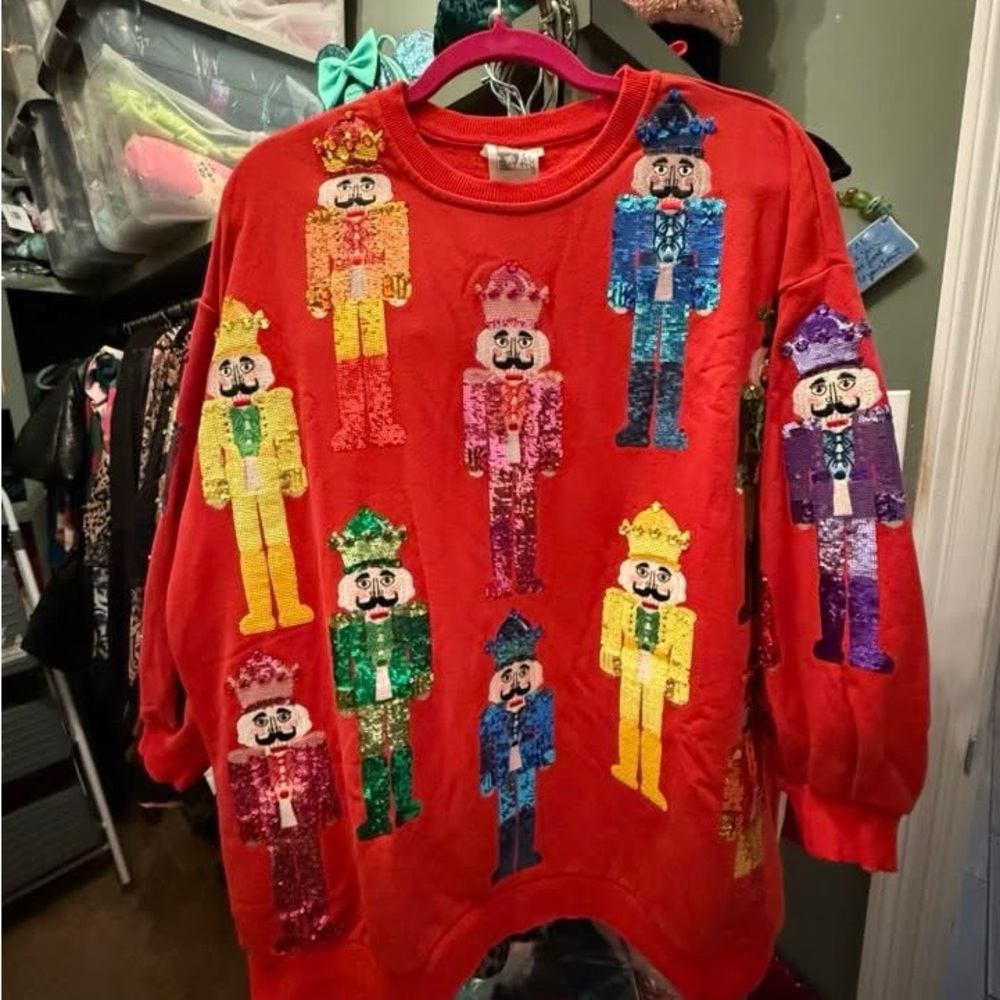 QUEEN OF SPARKLES Red Sequin Nutcracker Sweatshirt